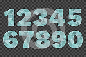 Numbers 1 2 3 4 5 6 7 8 9 0. Low poly blue gradient symbols for decoration, design. Isolated triangle vector icons