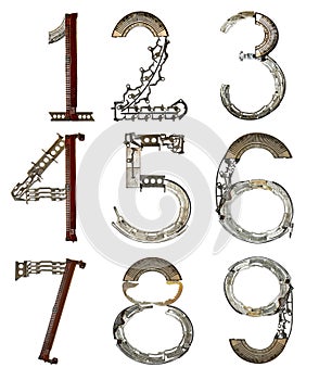 Numbers from 1, 2, 3, 4, 5, 6, 7, 8, 9, assembled from metallic parts