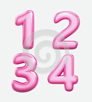 Numbers 1, 2, 3, 4,bublle. Font bubble gum. 3D render set of pink cartoon. Bubble Gum isolated on white background.