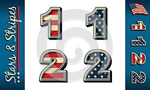 Numbers 1 and 2. Stylized numerals with USA flag elements