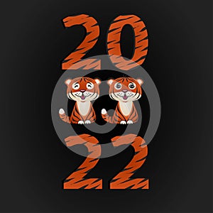 the numbers 2022 in tiger skin and tiger cubs in vector on a black background stack