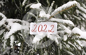 The numbers 2022 are written on paper with a snowy Christmas tree in the background. Snow is falling. Selective focus, blurred