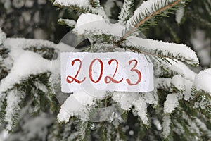 The numbers 2022 are written on paper with a snowy Christmas tree in the background. Snow is falling. Selective focus, blurred