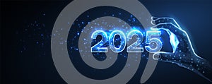 Numbers 2024 in digital hand. New year blue background.