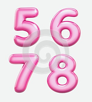 Numbers 5, 6, 7, 8,bublle. Font bubble gum. 3D render set of pink cartoon. Bubble Gum isolated on white background.