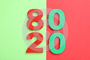 Numbers 80 and 20 on color background. Pareto principle concept