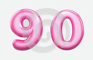 Numbers 9, 0,bublle. Font bubble gum. 3D render set of pink cartoon. Bubble Gum isolated on white background.