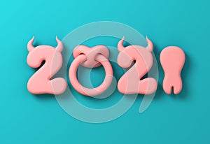 2021 With Numbers As Bull Horns, Hoof And Nose Ring On Blue Background. Concept Of Chinese New Year Of The Ox.