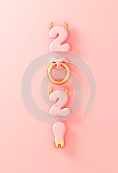 2021 With Numbers As Golden Bull Horns, Hoof And Nose Ring On Pink Background. Concept Of Chinese New Year Of The Ox