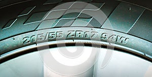 Numbers and characters on the sidewall of a car tire