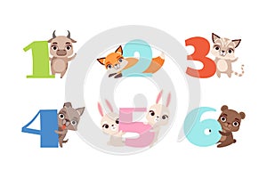 Numbers and cute animals set. Birthday anniversary numbers with kitten , fox, dog, bunny, bear cartoon vector