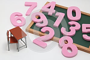 Numbers, desk and blackboard on white background.