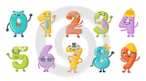 Numbers with faces. Cartoon funny numeral signs for mathematics and arithmetic studying. Kids education collection. Colorful