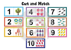 Numbers flash cards for kids. Cut and match pictures