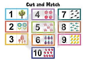 Numbers flash cards for kids. Cut and match pictures photo