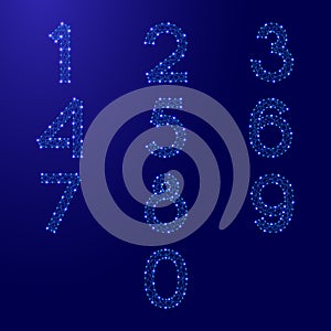 The numbers font set from 0 to 9 from futuristic polygonal blue lines and glowing stars for banner, poster, greeting card. Vector