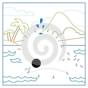 Numbers game, education dot to dot game for kids, Cute whale and tropical island background