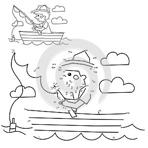Numbers game for kids. Coloring Page Outline Of a Boy fisherman with a fishing rod in boat. Coloring book for children