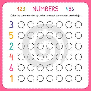 Numbers for kids. Worksheet for kindergarten and preschool. Training to write and count numbers. Coloring exercises for children