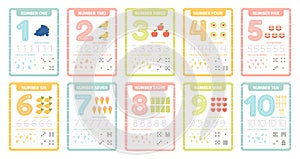 Numbers learning cards. Kindergarten flashcards with numbers, learning and spelling numbers from 1 to 10 vector