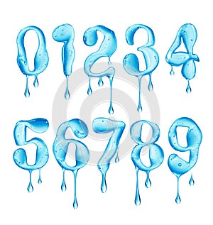 Numbers are made of blue viscous liquid on a white background