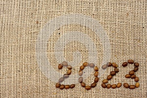 Numbers 2023 are made from coffee beans on fabric with burlap texture. View from above. Place for text.