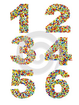 Numbers 1 through 6 made from colorful glass beads on a white