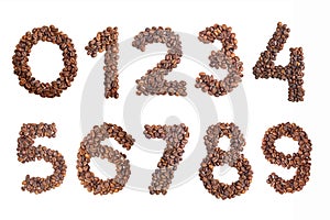 Numbers 1, 2, 3, 4, 5, 6, 7, 8, 9, 0 made from roasted coffee beans on white isolated background. Element for decoration. Numbers