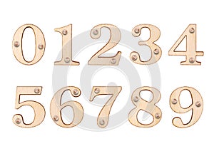 Numbers made of wood with nails, isolated on white background