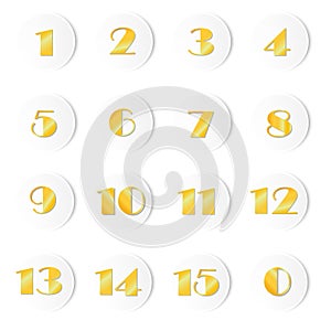 Numbers one to fifteen gold in a white paper circle