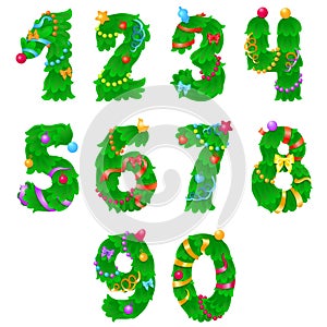 Numbers from one to zero like Christmas tree with ribbons and garlands