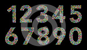 Numbers from one to zero, made with colorful rainbow sprinkles, on black background