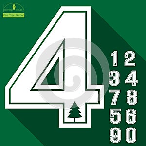 Numbers of pine tree icon on deep green background