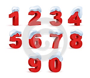 Numbers red set with snow. Collection of ten red numbers under snow. 3d vector realistic elements
