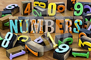 Numbers scattered letterpress wooden background block letters