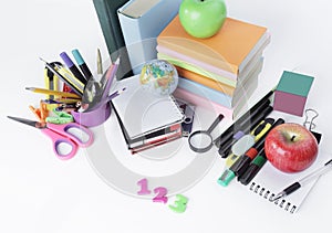 Numbers and school supplies on white background