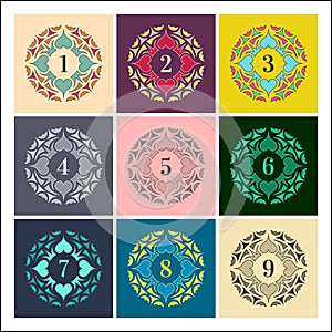 Numbers set. Colorful Frames in Linear Style. Mandalas Collection.