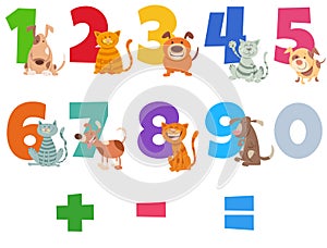 Numbers set with happy cats and dogs