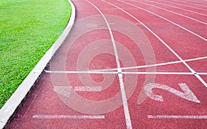 Numbers starting point on red running track,running track and green grass