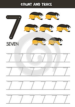 Numbers tracing practice. Writing number seven. Cute cartoon lemmings. photo
