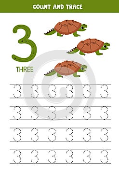 Numbers tracing practice. Writing number three. Cute cartoon caiman turtles.