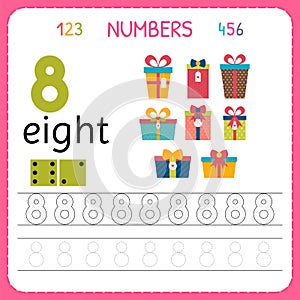 Numbers tracing worksheet for preschool and kindergarten. Writing number Eight. Exercises for kids. Mathematics games