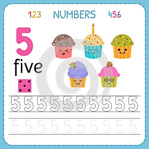 Numbers tracing worksheet for preschool and kindergarten. Writing number Five. Exercises for kids. Mathematics games