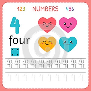 Numbers tracing worksheet for preschool and kindergarten. Writing number Four. Exercises for kids. Mathematics games