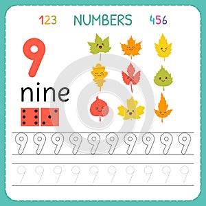 Numbers tracing worksheet for preschool and kindergarten. Writing number Nine. Exercises for kids. Mathematics games