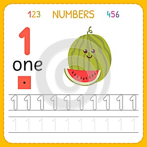 Numbers tracing worksheet for preschool and kindergarten. Writing number One. Exercises for kids. Mathematics games