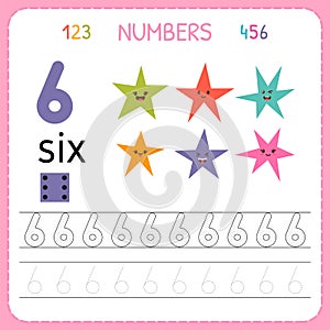 Numbers tracing worksheet for preschool and kindergarten. Writing number Six. Exercises for kids. Mathematics games