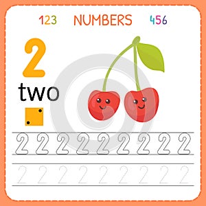 Numbers tracing worksheet for preschool and kindergarten. Writing number Two. Exercises for kids. Mathematics games