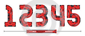 Numbers Typography Red Machinery style in a set 12345