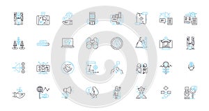 Numbers and visuals linear icons set. Counting, Addition, Subtraction, Multiplication, Division, Arithmetic, Calculation